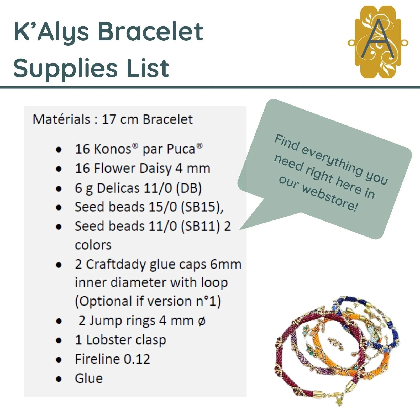 A list of the materials needed to create the K'Alys Bracelet Pattern par Puca - The Argus Collection