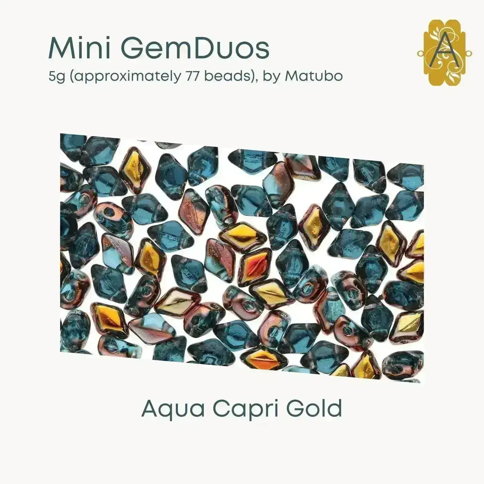 Mini Gemduo Beads, 5g., Aqua Capri Gold - The Argus Collection