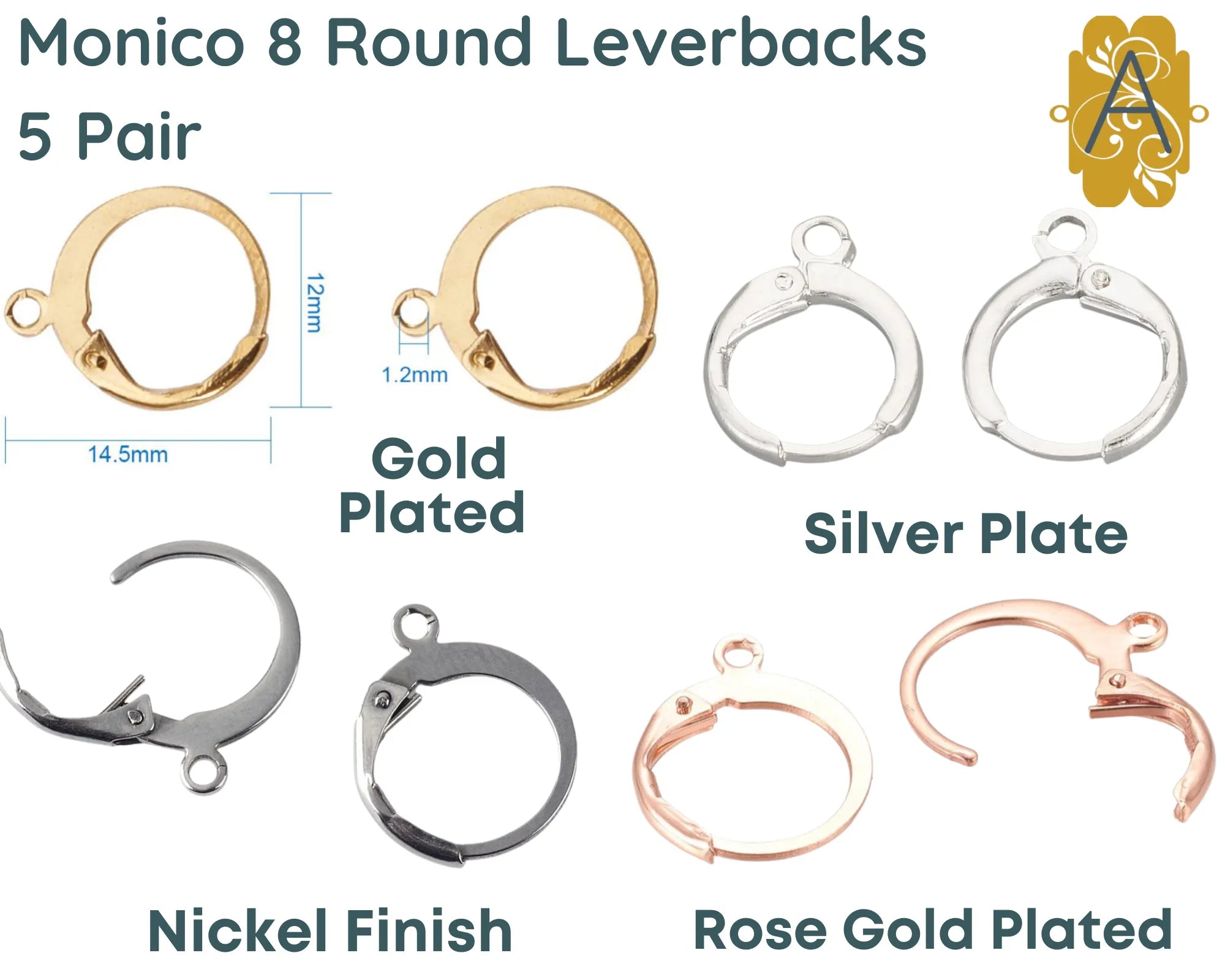 Monaco 8, Round Leverbacks, 304 Stainless Steel, 5 Pair, 3 Finishes, - The Argus Collection