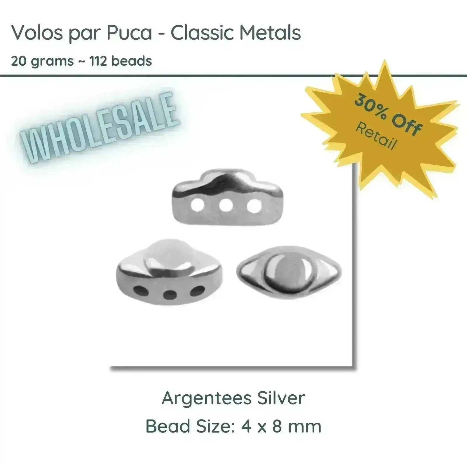 WHOLESALE. Volos Beads par Puca in Classic Metal Argentees Silver Color, 20 grams of beads. - The Argus Collection