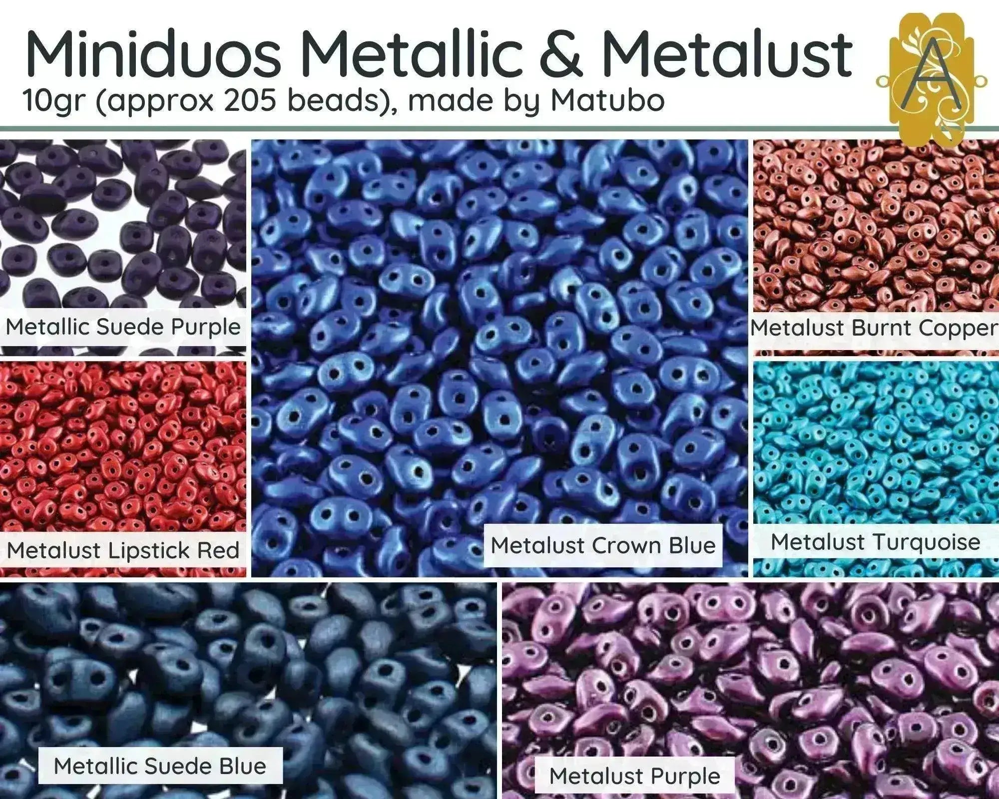 Miniduo Beads, 10g. ~205 Beads, Metallic and Metalust Collection - The Argus Collection