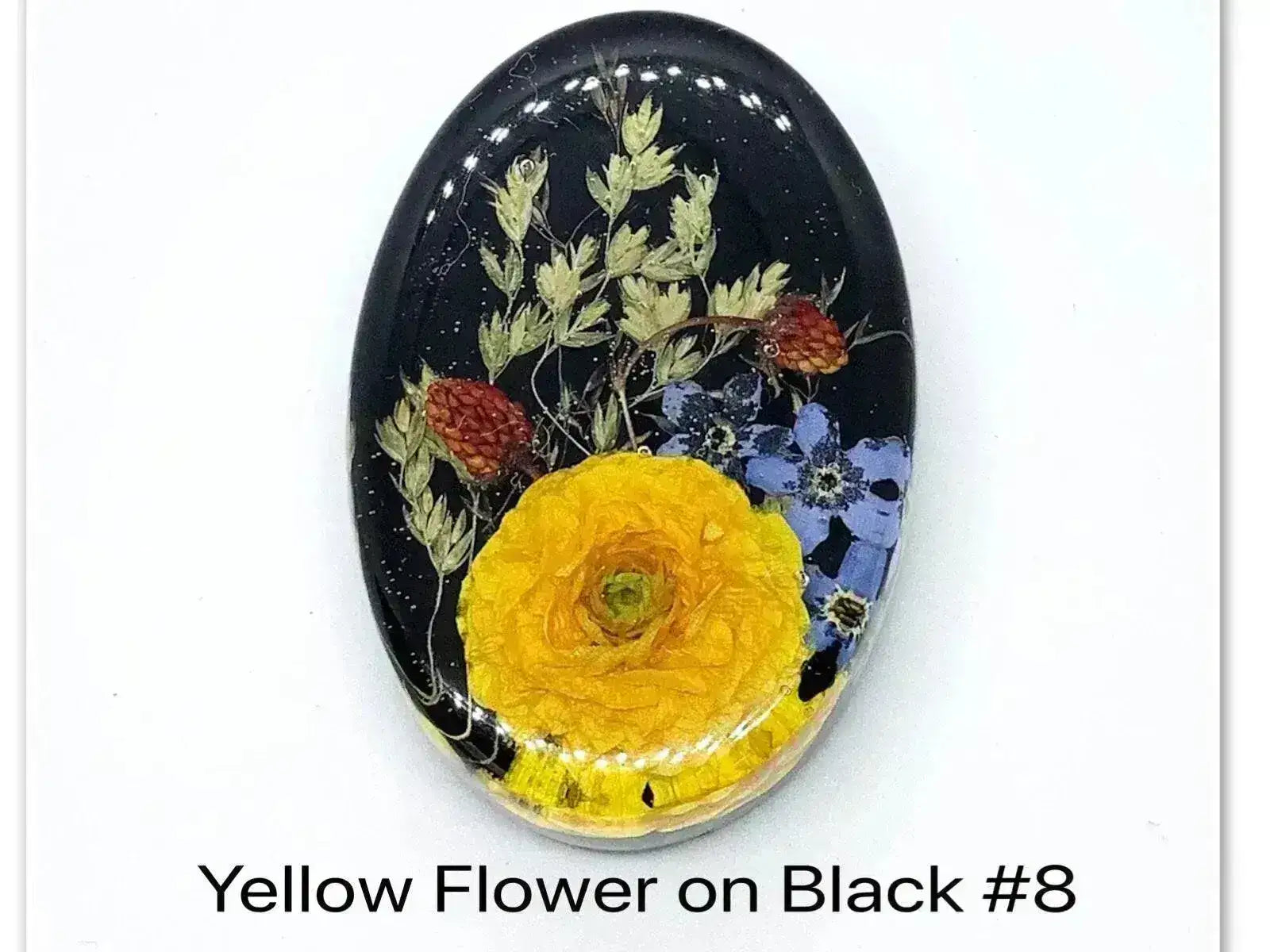 Yellow Flower on Black Resin Cabochons, Handmade with Dried Flowers - The Argus Collection