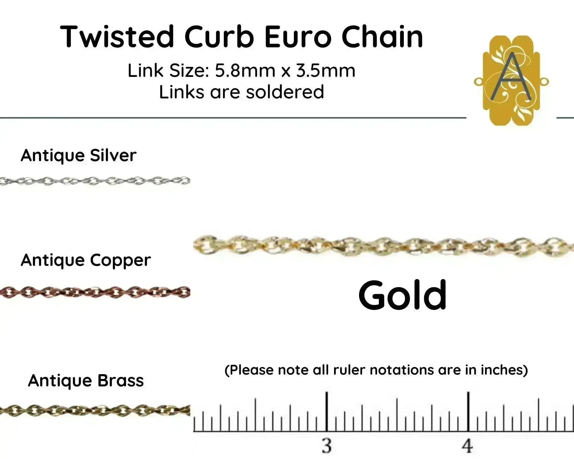Twisted Curb Euro Chain, Antique Brass, Antique Copper, Antique Silver, Gold - The Argus Collection