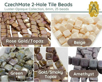 CzechMate 2-Hole Tile Beads, 6mm, Luster Opaque Collection, 5 Gorgeous Colors, 25 Beads - The Argus Collection
