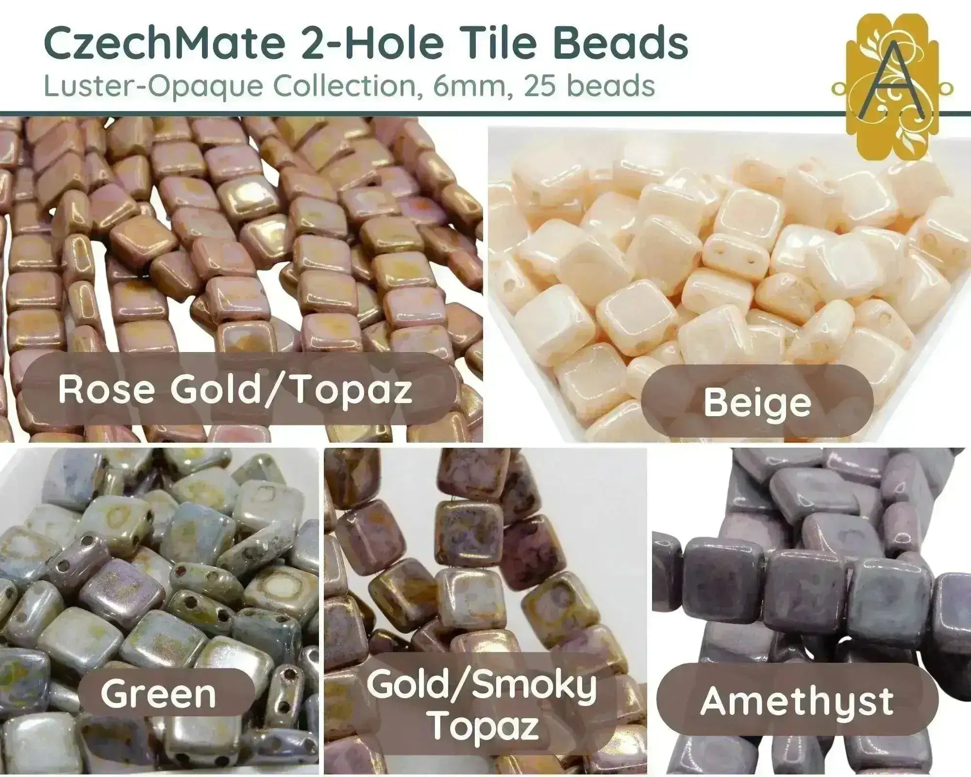 CzechMate 2-Hole Tile Beads, 6mm, Luster Opaque Collection, 5 Gorgeous Colors, 25 Beads - The Argus Collection