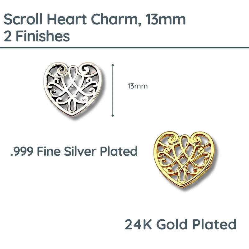 Scroll Heart Charm, 13mm, 2 Finishes - The Argus Collection