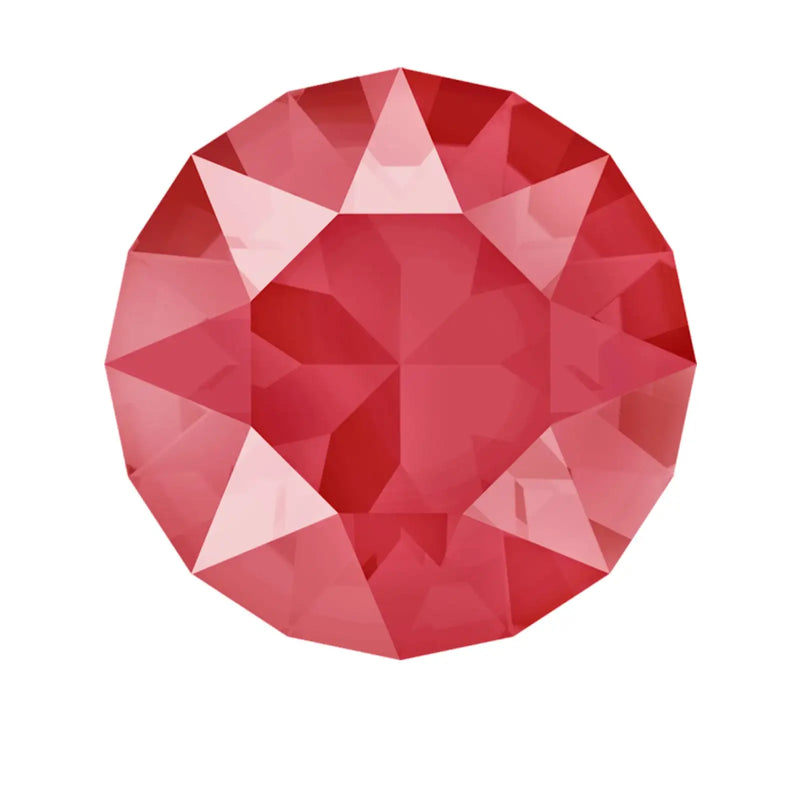 Faceted royal red rivoli gemstone on a white background