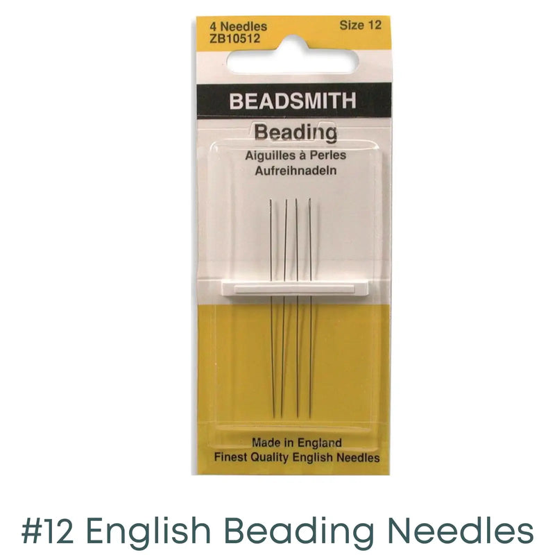 Pack of size 12 English Beadsmith beading needles, 4 needles in yellow and white packaging