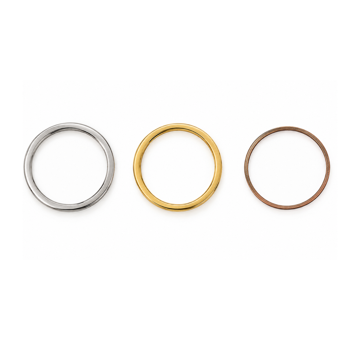12mm circle connectors in Stainless Steel, Tarnish Resistant Gold and Red Copper finishes.