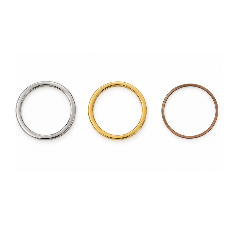 12mm circle connectors in Stainless Steel, Tarnish Resistant Gold and Red Copper finishes.