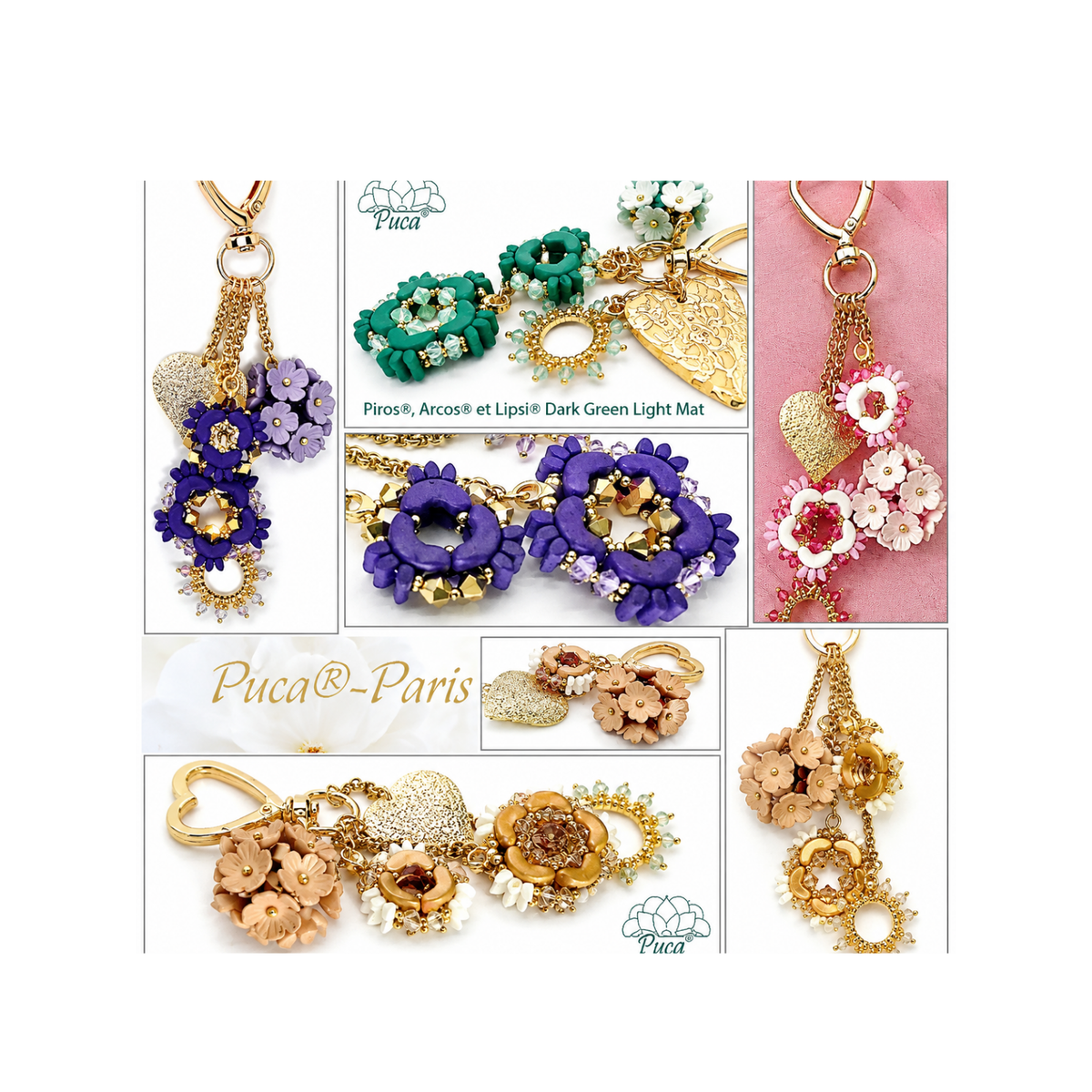 A collage of six product photos showcasing various handmade beaded keychains and charms from the brand Puca Paris. The keychains feature colorful beads in purple, green, pink, gold, and white, with heart and floral motifs.