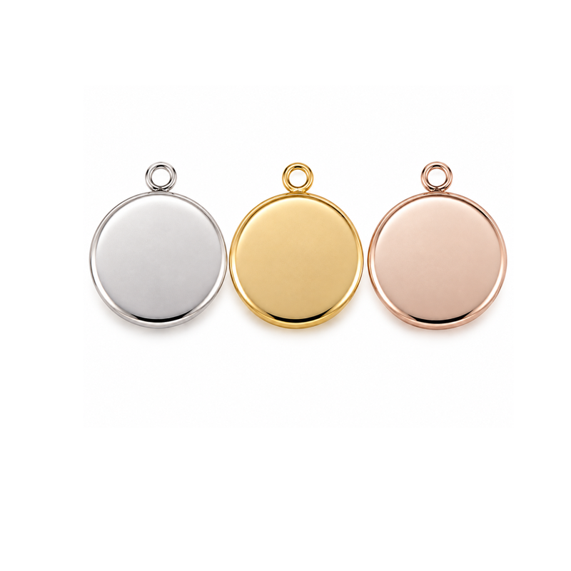 14mm round cabochon setting flatback bezel tray pendants in stainless steel, gold and rose gold finishes