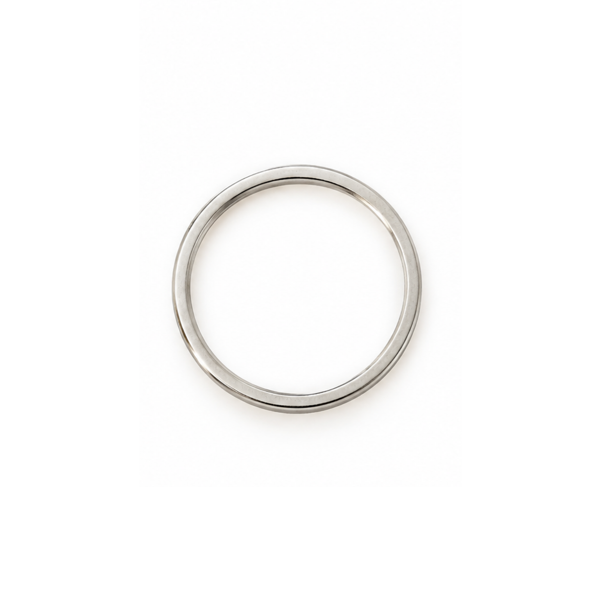 A minimalist, polished silver-toned metal band ring shown from a top-down perspective on a clean white background.