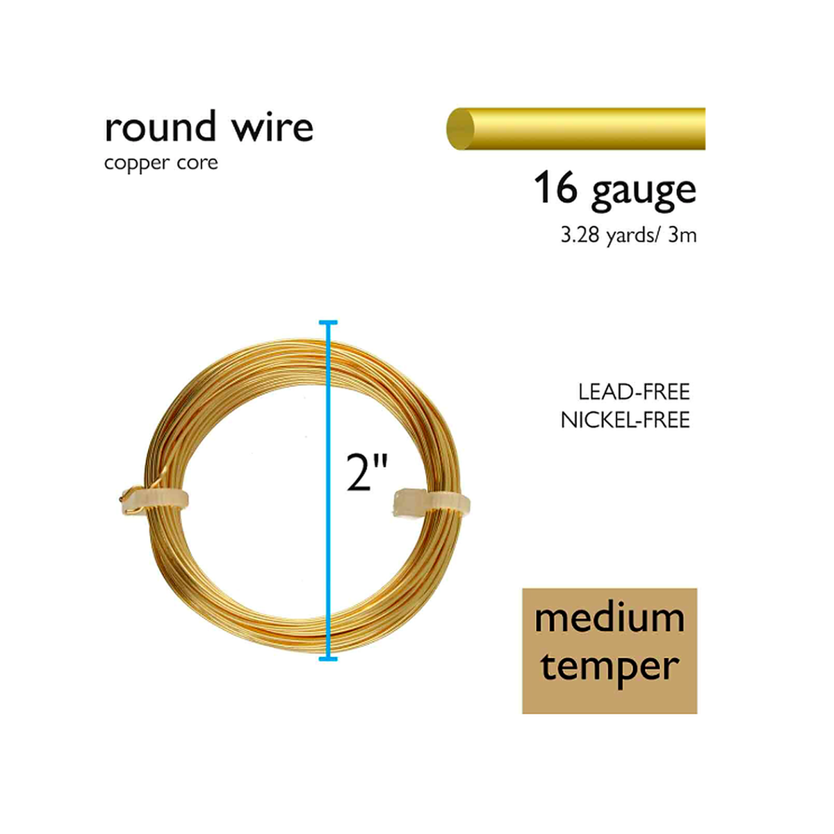 16 Gauge German-Style Round Wire specifications showing copper core, medium temper, 3m length and coil diameter