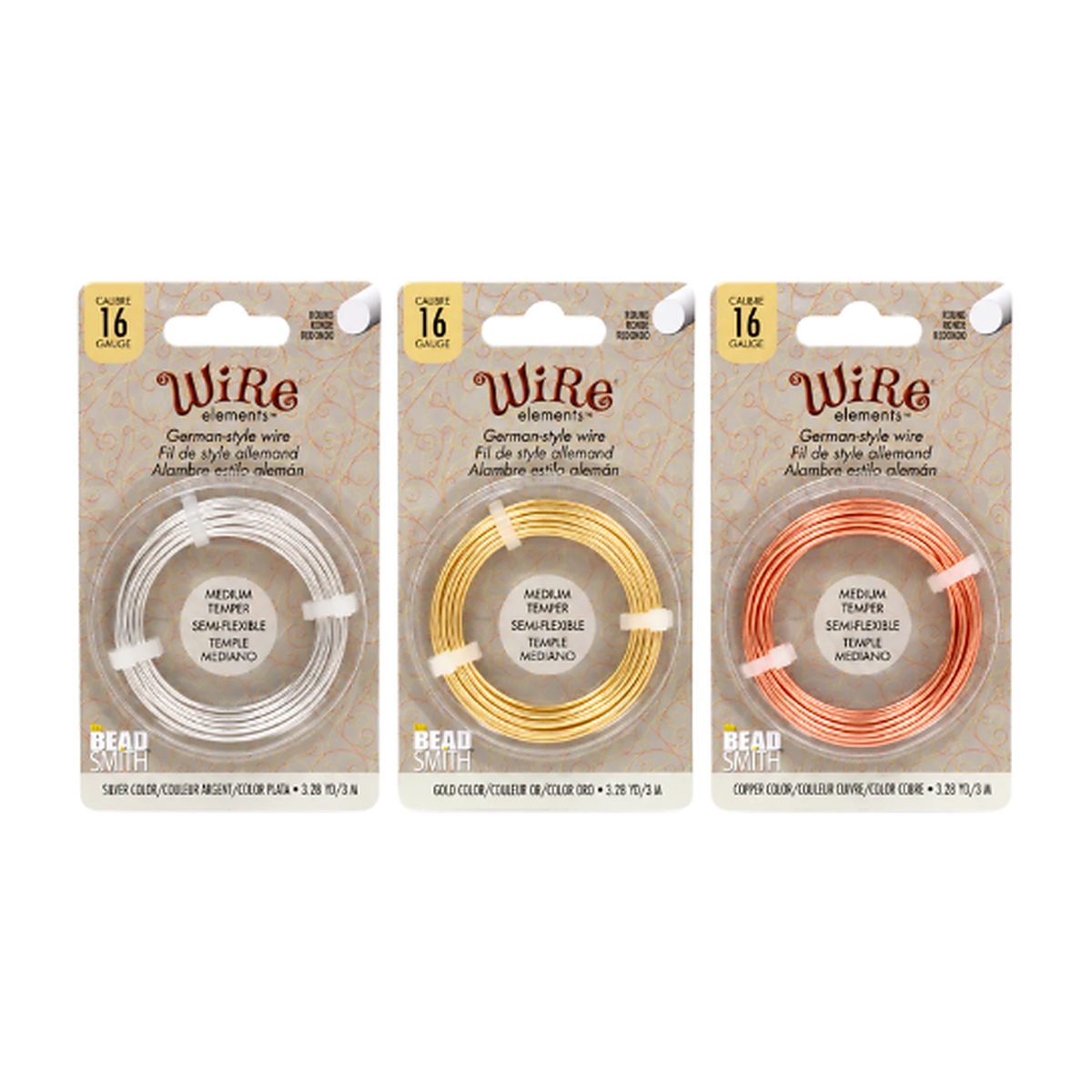 16 gauge wire in gold copper and silver in packaging