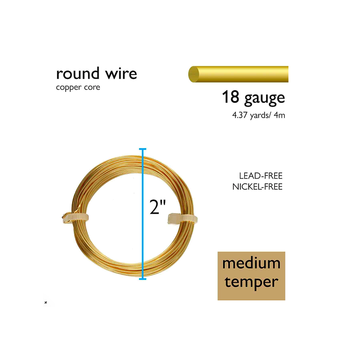 18 Gauge German-Style Round Wire specifications showing copper core, medium temper and 4m length