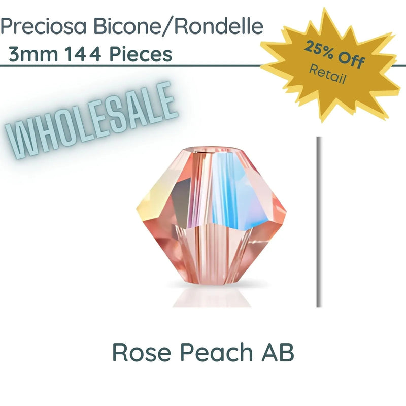 WHOLESALE Preciosa Bicones/Rondelle, 3mm, Rose Peach AB - The Argus Collection