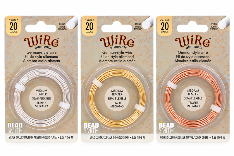 20 Gauge German-Style Round Wire in silver, gold and copper finishes, 6m coils in Beadsmith packaging