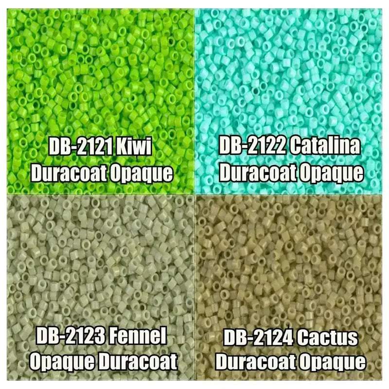 Four different colored beads labelled with their names and types on a green and blue background.