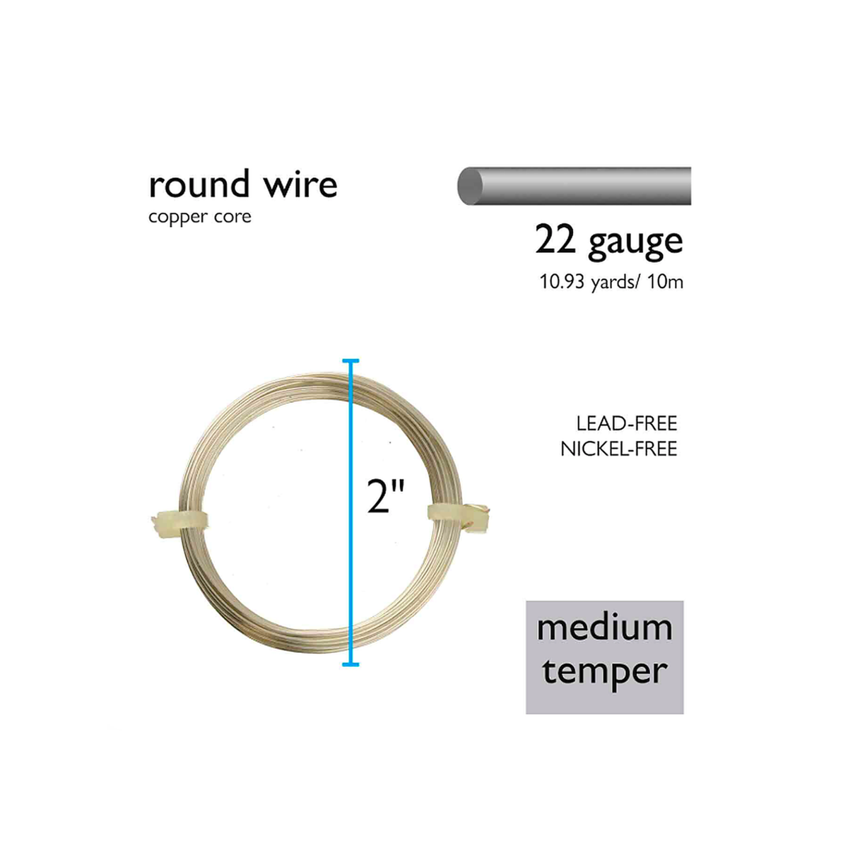 22 Gauge German-Style Round Wire specifications showing copper core, medium temper, 10m length and 2-inch coil diameter