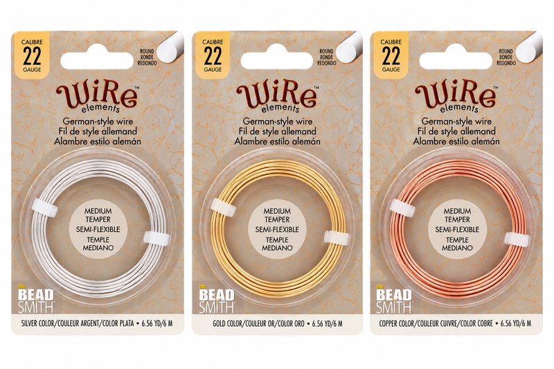 22 Gauge German-Style Round Wire in silver, gold and copper finishes, 10m spools in Beadsmith-style packaging illustration