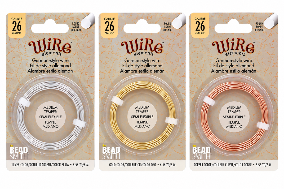 26 Gauge German-Style Round Wire in silver, gold and copper finishes, 20m spools in Beadsmith-style packaging illustration
