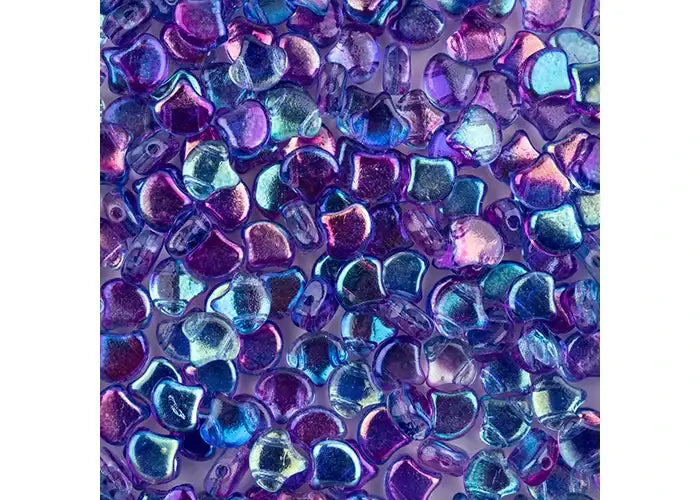Colorful iridescent ginko beads on a white background
