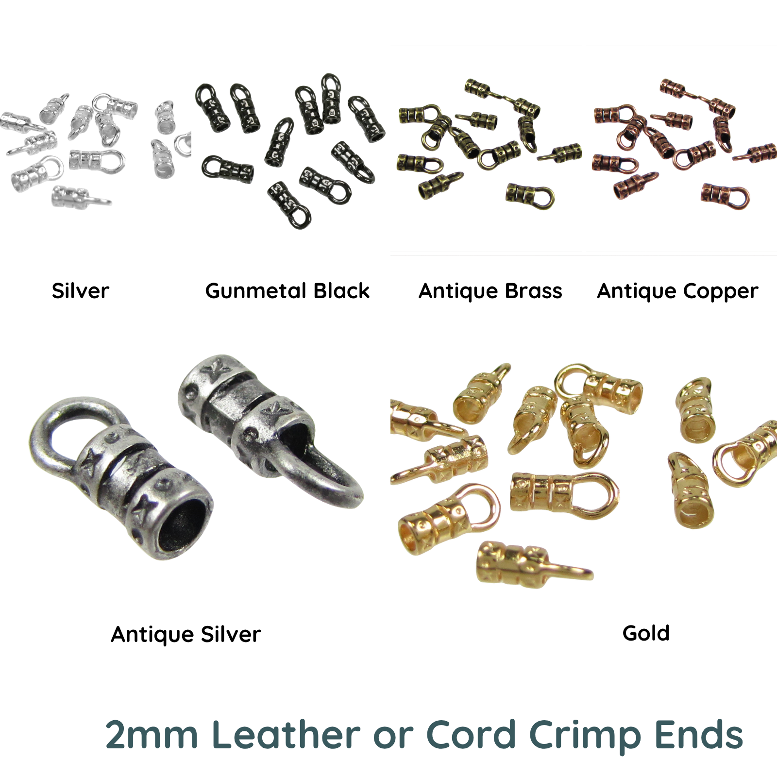 2mm Leather or Cord Crimp Ends with Loop, 6 Pcs.