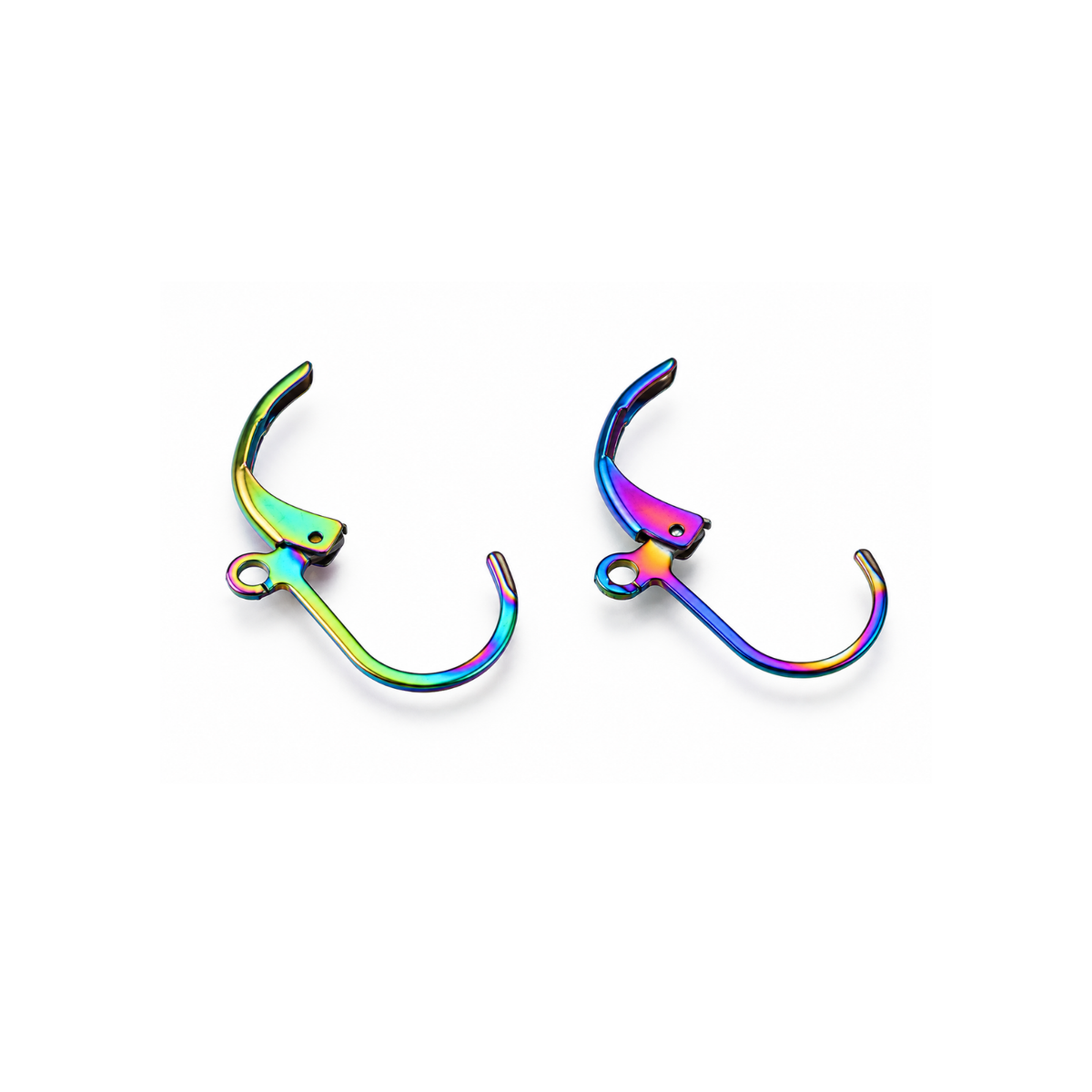 Pair of open rainbow 304 stainless steel leverback earring findings showing side view.