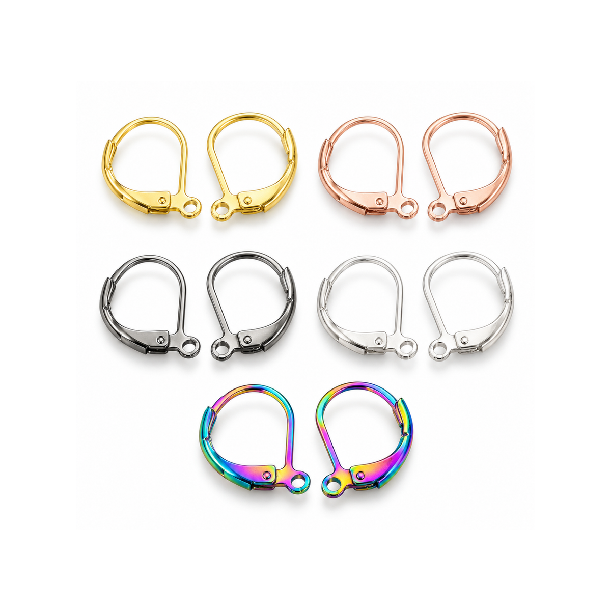304 stainless steel leverback earring findings assortment in five finishes: gold, rose gold, gunmetal, silver, and rainbow.