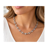 Stainless steel coffee bean chain shown as a finished necklace