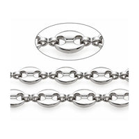 A silver-toned metal chain necklace with elongated oval links, shown on a clean white background with a circular detail inset highlighting the link design.