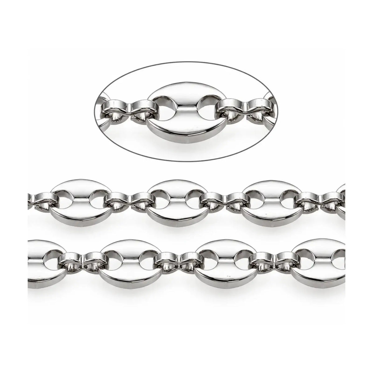 A silver-toned metal chain necklace with elongated oval links, shown on a clean white background with a circular detail inset highlighting the link design.