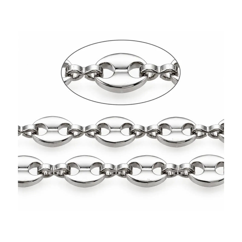 A silver-toned metal chain necklace with elongated oval links, shown on a clean white background with a circular detail inset highlighting the link design.
