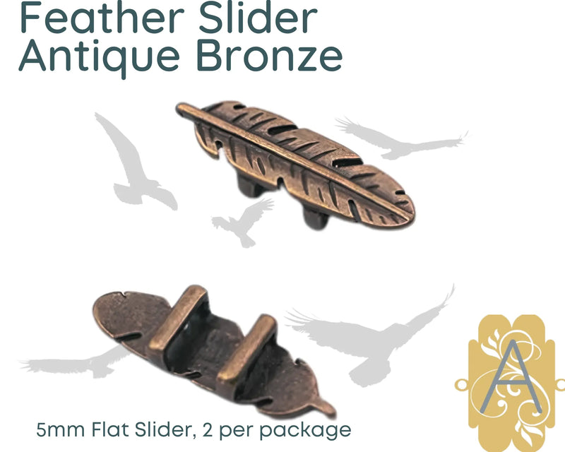 Feather Sliders for Leather or Cork, 5mm, in 4 Finishes