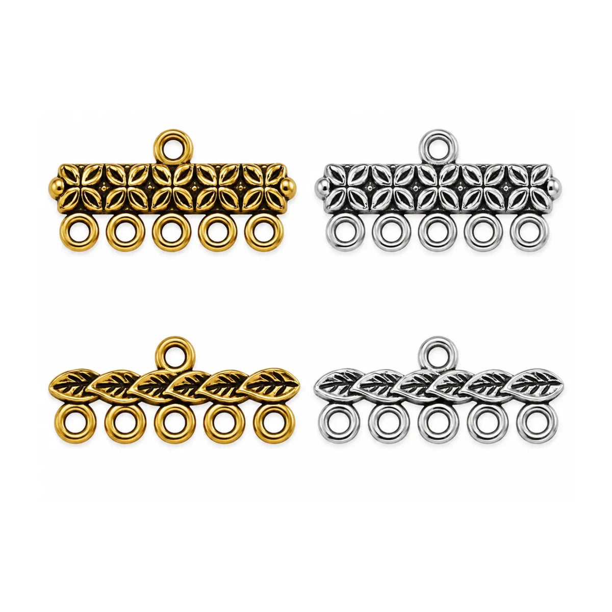 5-to-1 strand reducers in Petal and Leaf styles, Antique Gold and Antique Silver