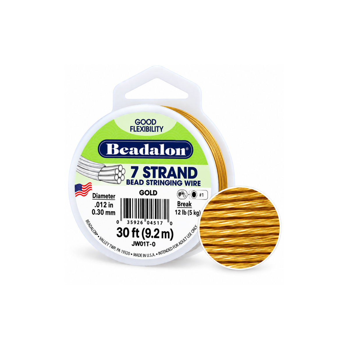 Beadalon 7 Strand .012 inch bead stringing wire in Gold, 30 ft spool