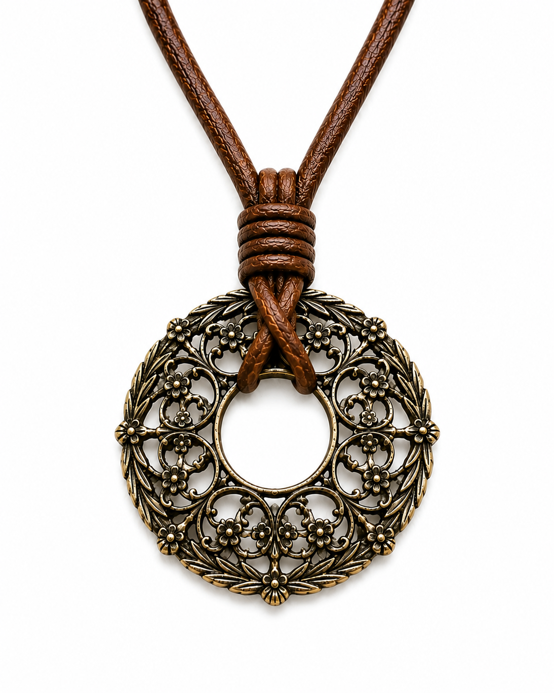 Bronze pendant necklace with brown leather cord on a white background