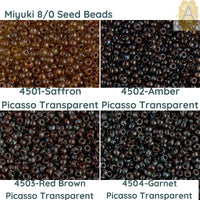 8/0 Miyuki Seedbeads 10 g, in the Picasso Transparent Collection in Saffron, Amber, Red Brown, and Garnet Colors - The Argus Collection