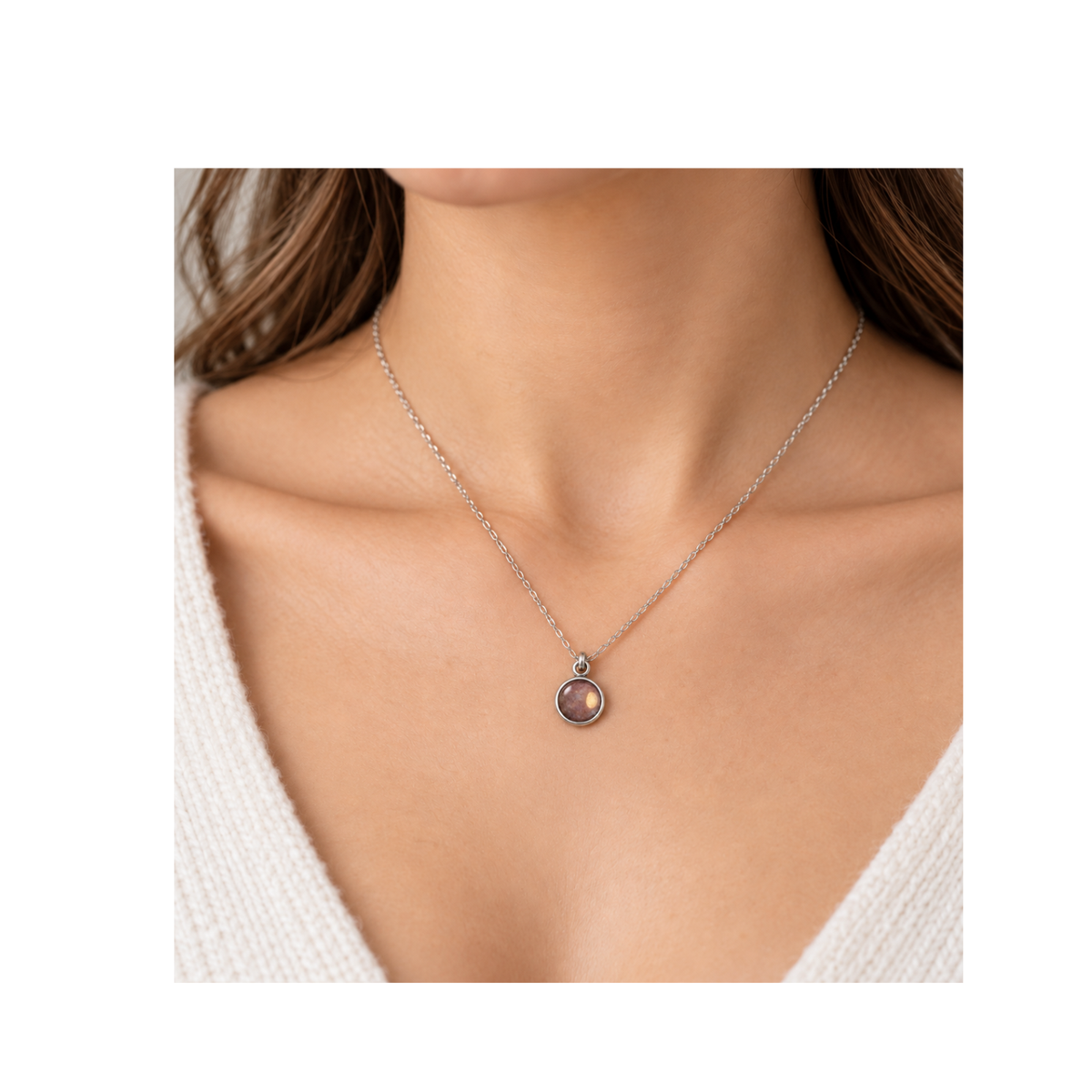 8mm cabochon setting pendant worn on a delicate necklace for design inspiration