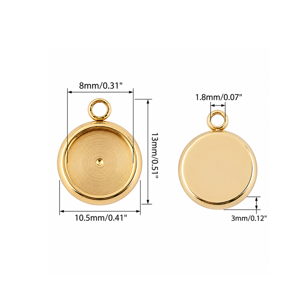 8mm gold cabochon setting pendant with 13mm overall height, 10.5mm width and 1.8mm loop opening
