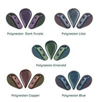 Color swatches of Amos Beads in Polynesian Dark Purple, Polynesian Lilac, Polynesian Emerald, Polynesian Copper, and Polynesian Blue on a white background. - The Argus Collection