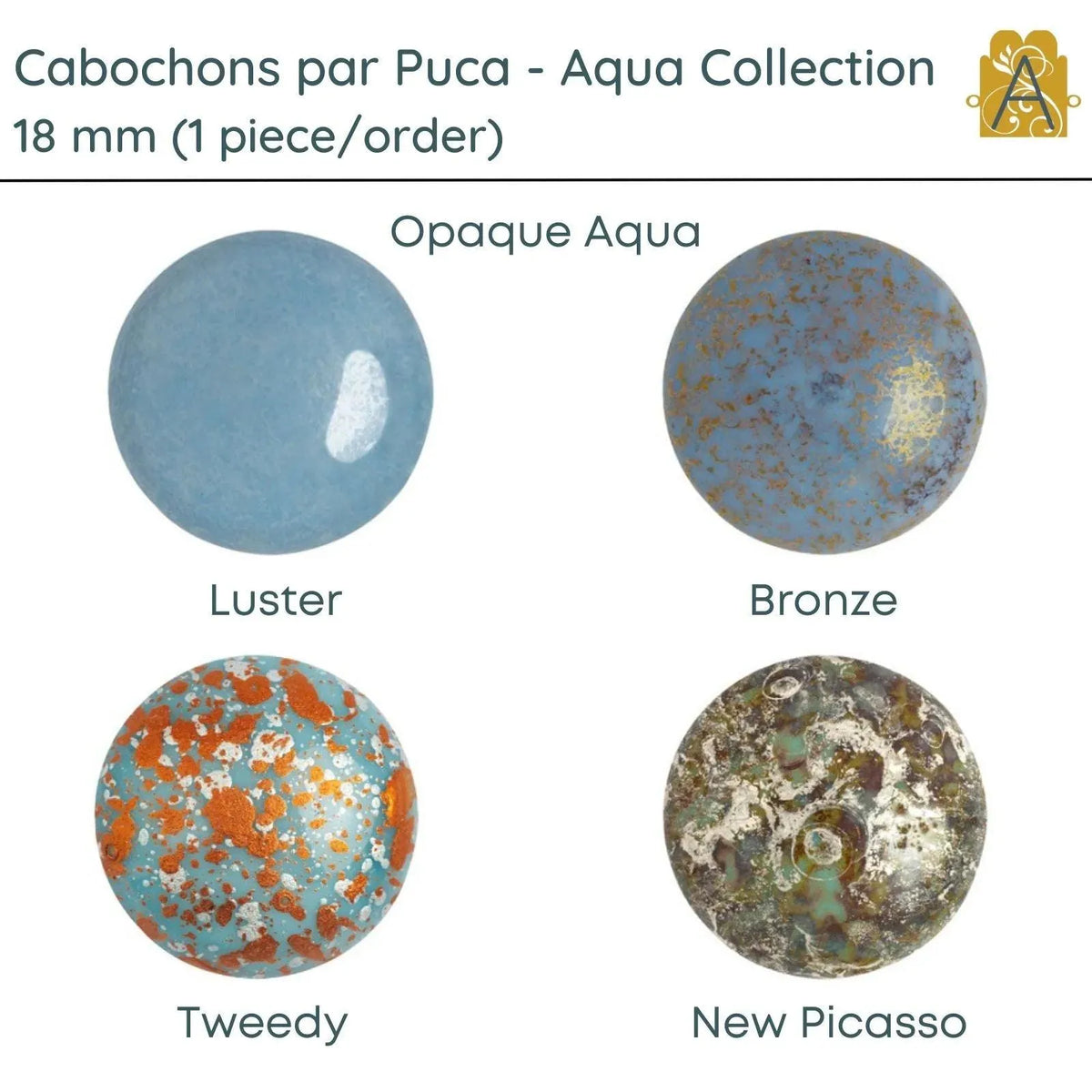 Cabochon par Puca, 18mm, Aqua Collection, 4 Finishes - The Argus Collection