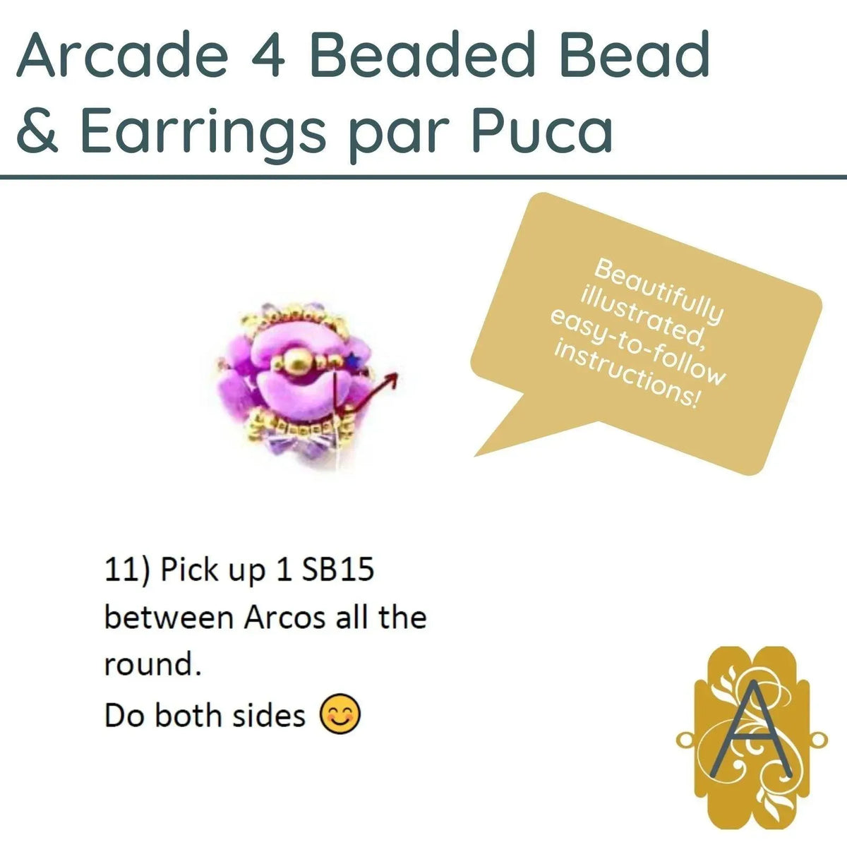 Beautifully illustrated insturction for the Arcade 4 Beaded Bead and Earrings Pattern par Puca - The Argus Collection