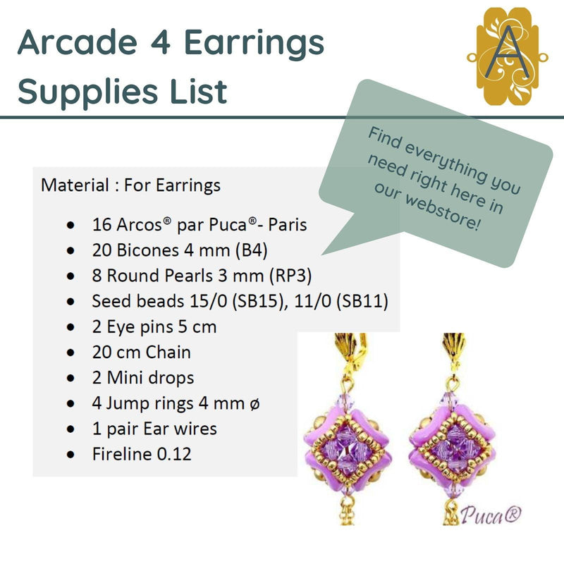 Materials Required for the Arcade 4 Beaded Bead and Earrings Pattern par Puca - The Argus Collection