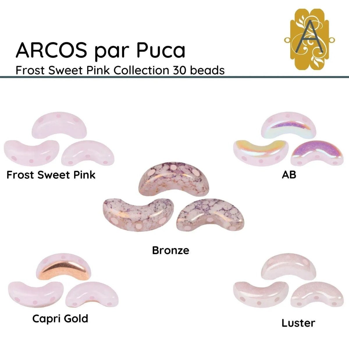 Arcos par Puca, a 3-hole bead that comes in 30 beads per package.  Frost Sweet Pink in 5 colors - The Argus Collection