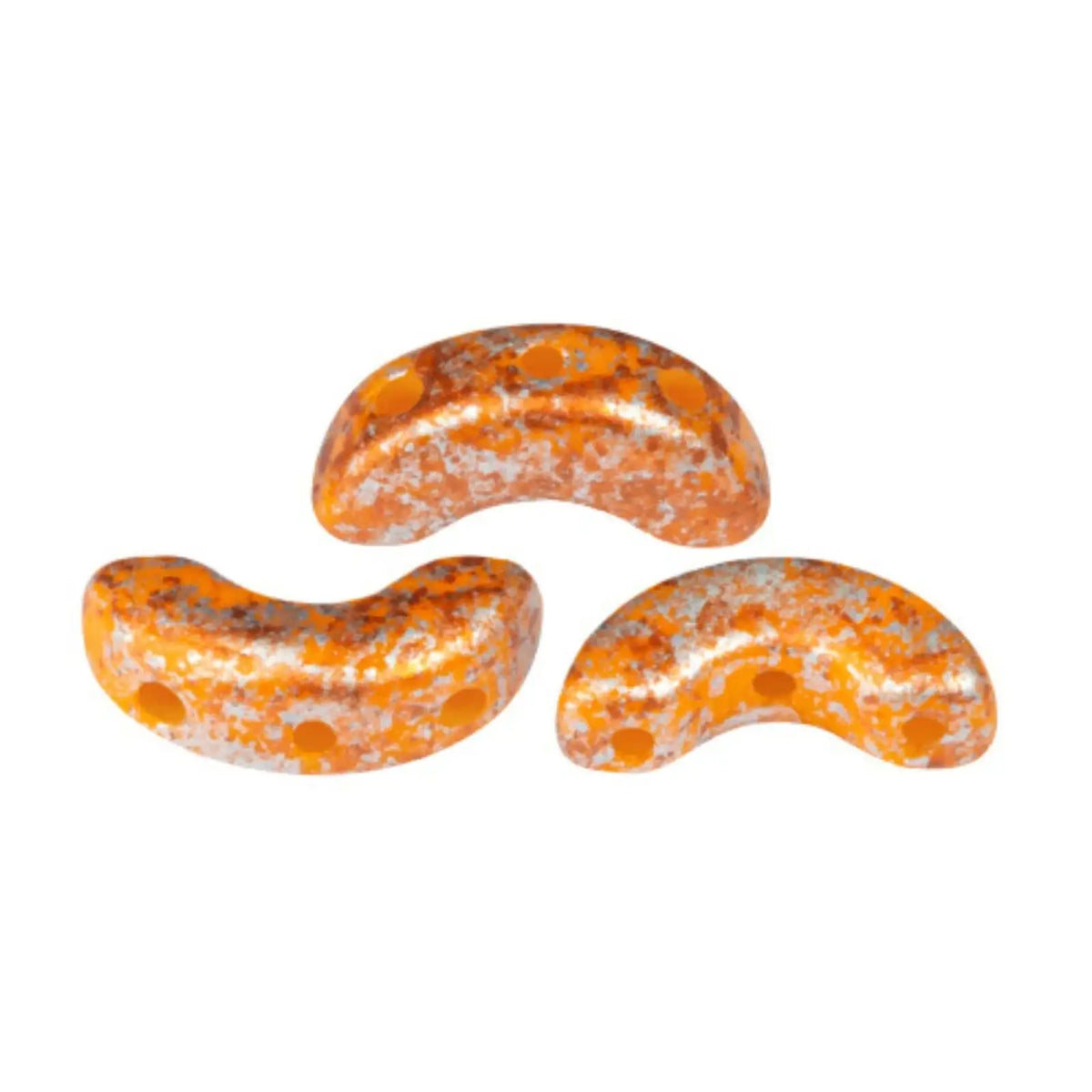 Three curved orange and white marbled beads with pre-drilled holes, arranged on a plain white background.