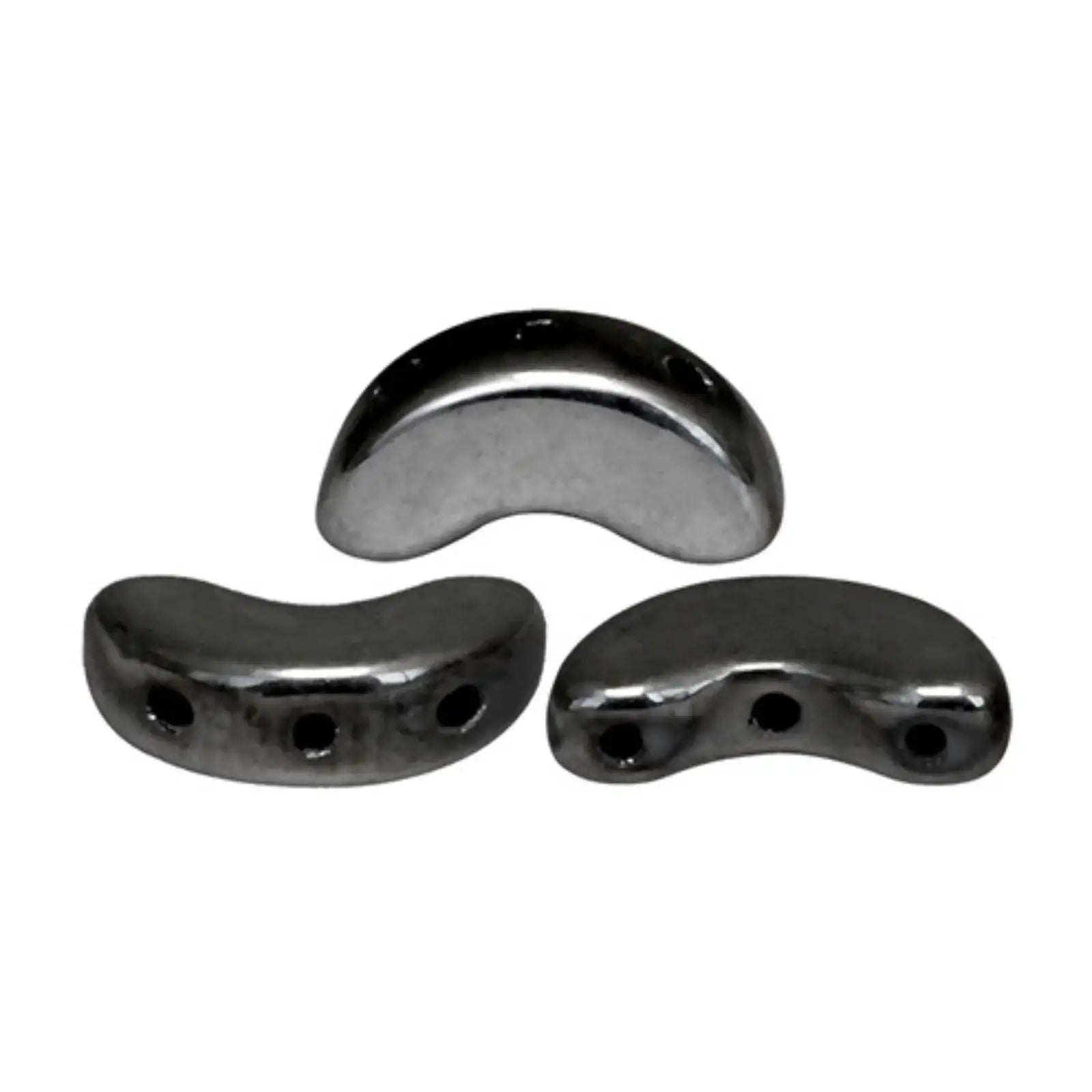 Three glossy black curved glass beads with two circular holes, shown from different angles on a plain white background.