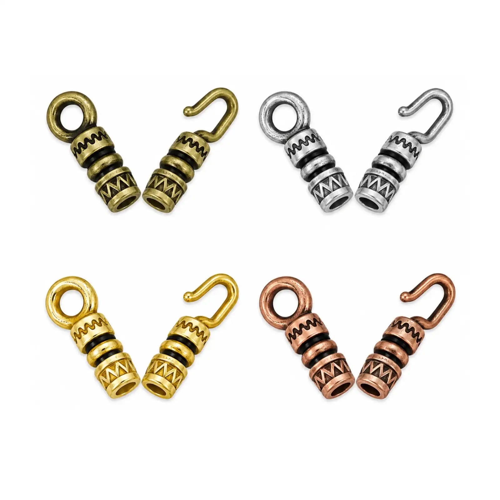 Aztec crimpable hook and eye clasps for leather and cord in Antique Brass, Antique Silver, Shiny Gold and Antique Copper.