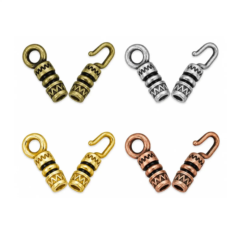 Aztec crimpable hook and eye clasps for leather and cord in Antique Brass, Antique Silver, Shiny Gold and Antique Copper.
